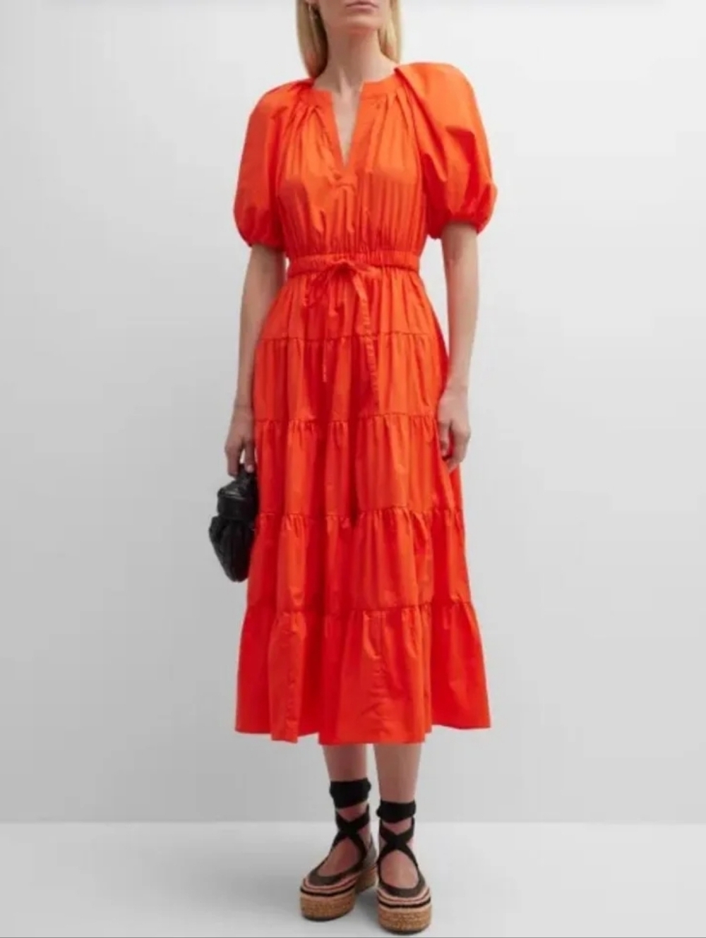 Ulla Johnson Women's Olina Puff Sleeve Poplin Midi Dress Orange Size 6 BNWT